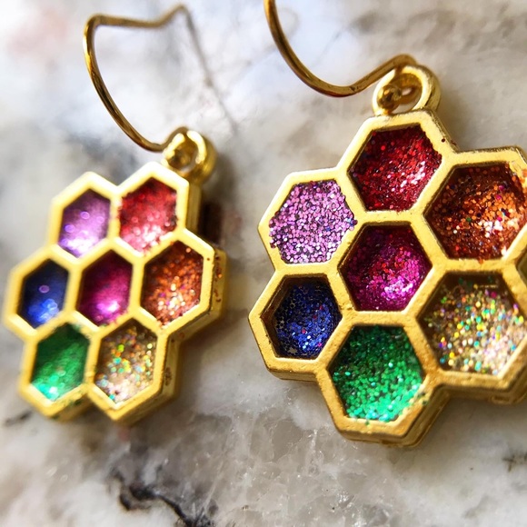 Earring - multi-colored honeycomb glitter - Picture 2 of 4
